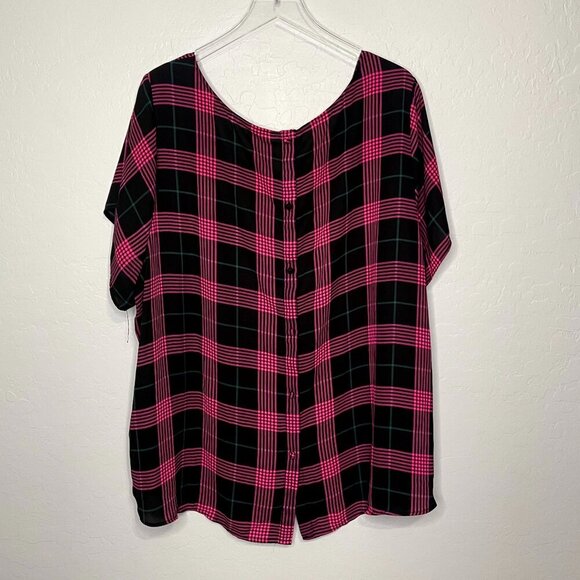 Torrid Pink and Black Georgette Plaid Button Back Sheer Blouse 4 4X 26 - Picture 8 of 8